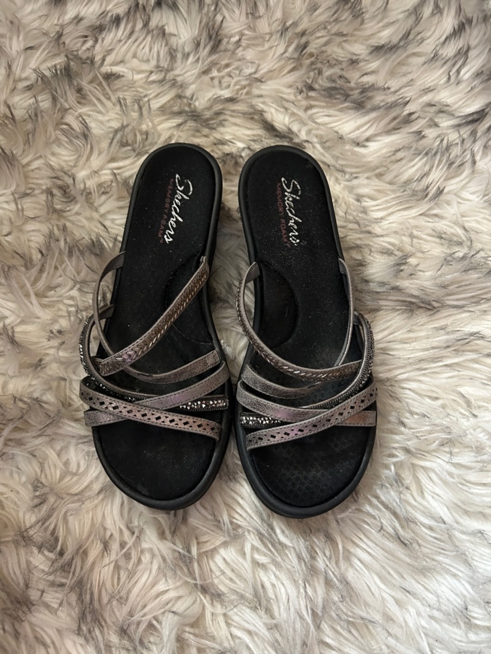 Skechers Women’s Metallic Pewter Multi-Strap Slide Sandals